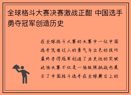 全球格斗大赛决赛激战正酣 中国选手勇夺冠军创造历史
