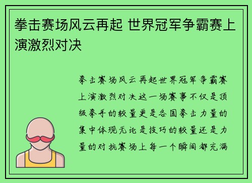 拳击赛场风云再起 世界冠军争霸赛上演激烈对决