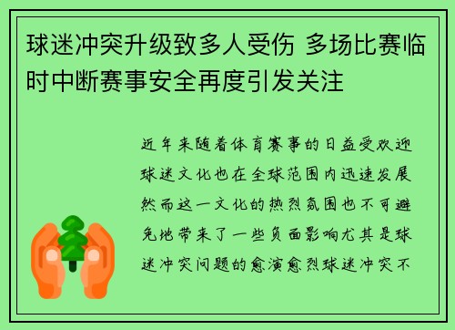 球迷冲突升级致多人受伤 多场比赛临时中断赛事安全再度引发关注