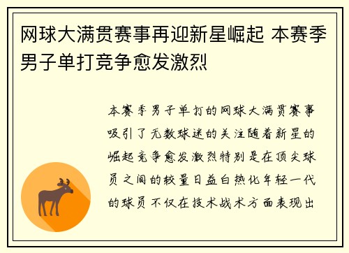 网球大满贯赛事再迎新星崛起 本赛季男子单打竞争愈发激烈
