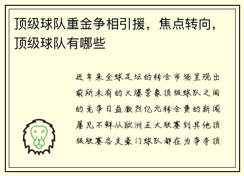 顶级球队重金争相引援，焦点转向，顶级球队有哪些